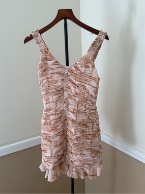 Ted Baker Pink and Brown Ruched Ruffle Mini Dress